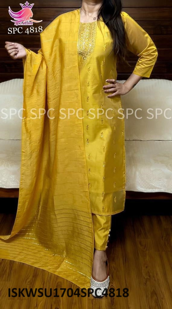 Chanderi Silk Kurti With Chanderi Pant And Chiffon Silk Dupatta-ISKWSU1704SPC4818