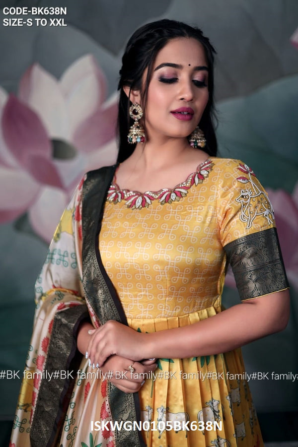 Kalamkari Printed Banarasi Silk Padded Gown With Dupatta-ISKWGN0105BK638N