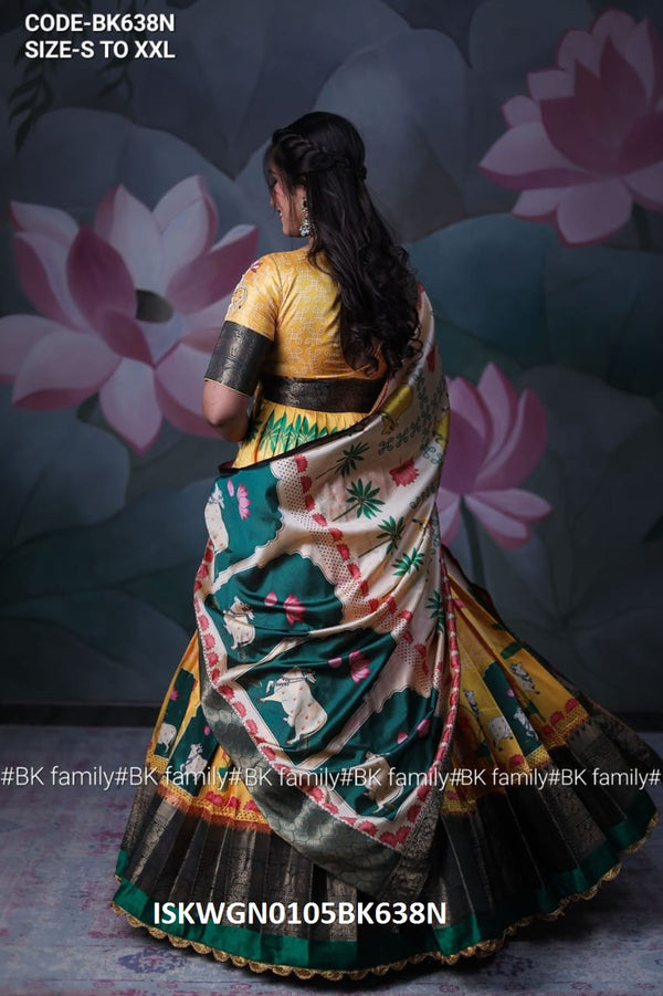 Kalamkari Printed Banarasi Silk Padded Gown With Dupatta-ISKWGN0105BK638N