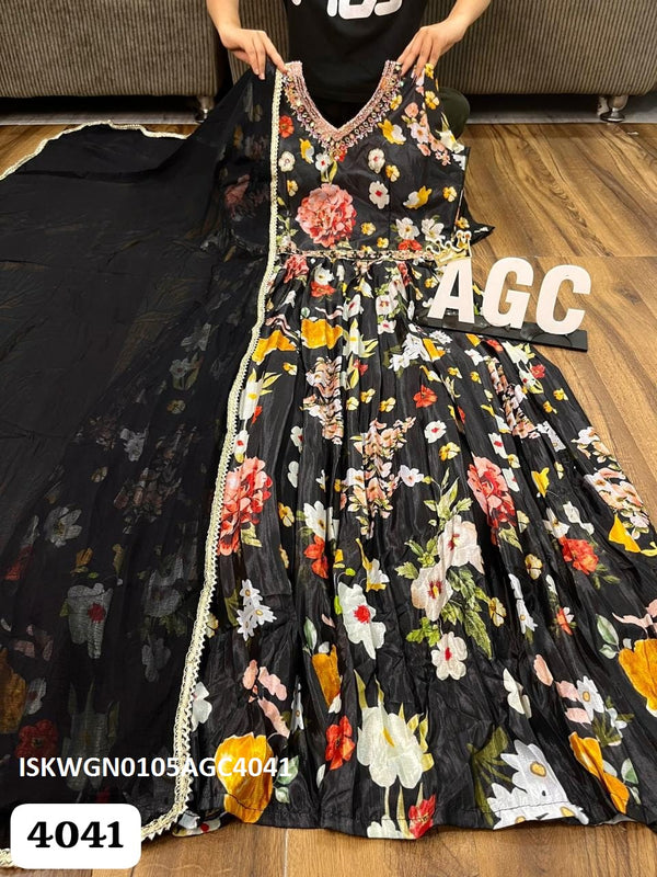 Printed Chinon Silk Gown With Georgette Dupatta-ISKWGN0105AGC4041