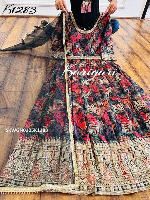 Printed Silk Padded Gown With Dupatta-ISKWGN0105K1283