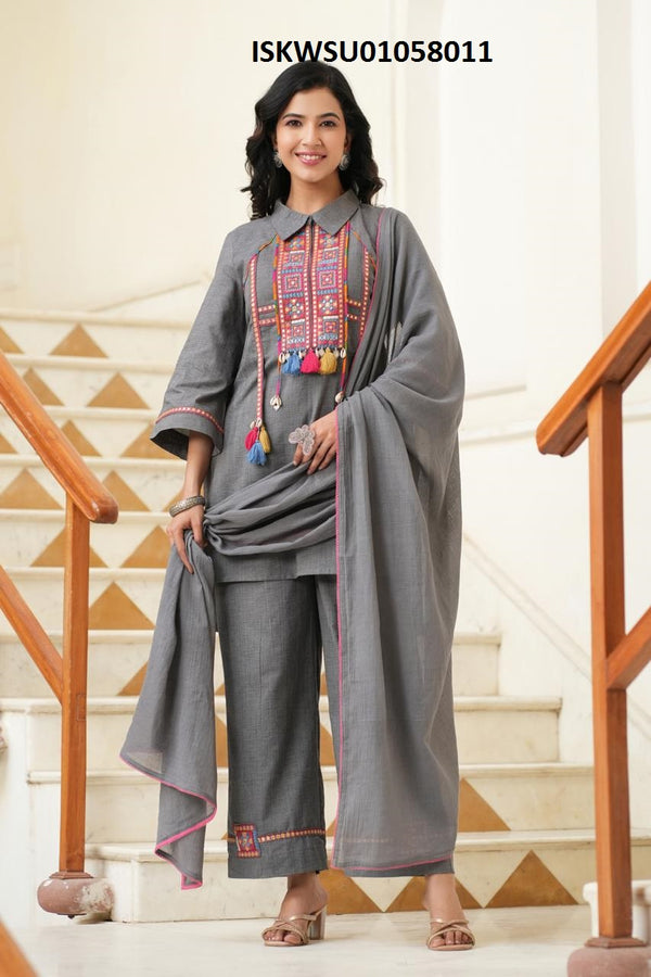 Embroidered Cotton Kurti With Pant And Dupatta-ISKWSU01058011