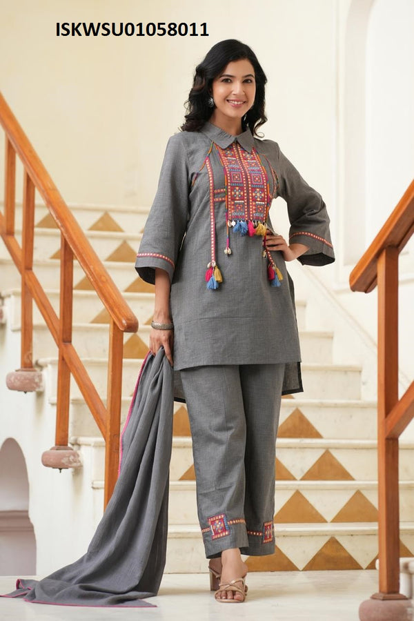 Embroidered Cotton Kurti With Pant And Dupatta-ISKWSU01058011
