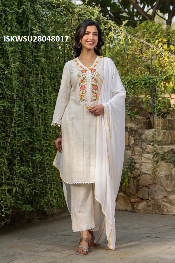 Embroidered Cotton Kurti With Pant And Dupatta-ISKWSU28048016