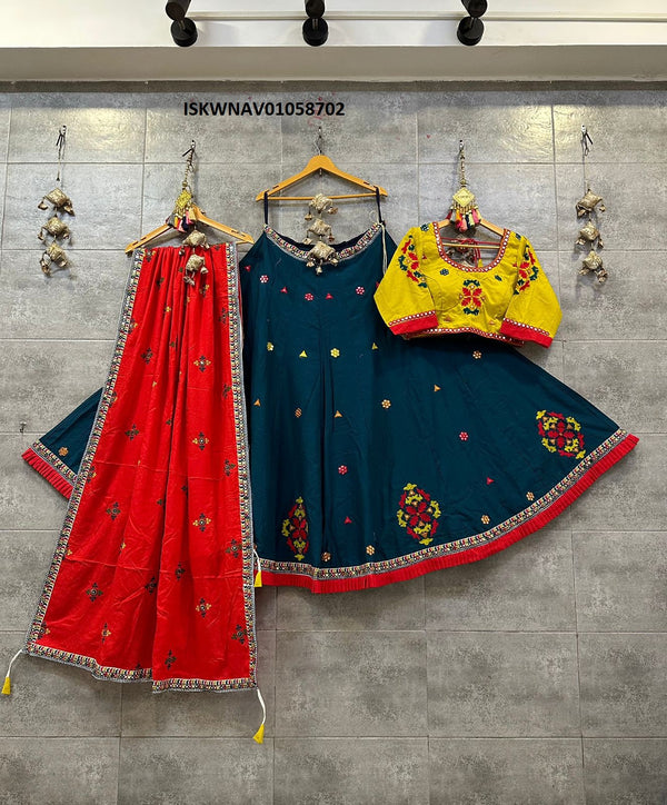 Embroidered Cotton Lehenga With Blouse And Dupatta-ISKWNAV01058702
