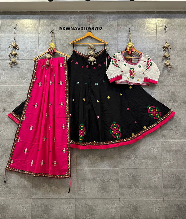 Embroidered Cotton Lehenga With Blouse And Dupatta-ISKWNAV01058702