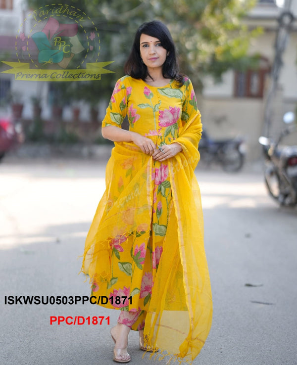 Floral Printed Cotton Anarkali Kurti With Pant And Kota Doriya Dupatta-ISKWSU0503PPC/D1871