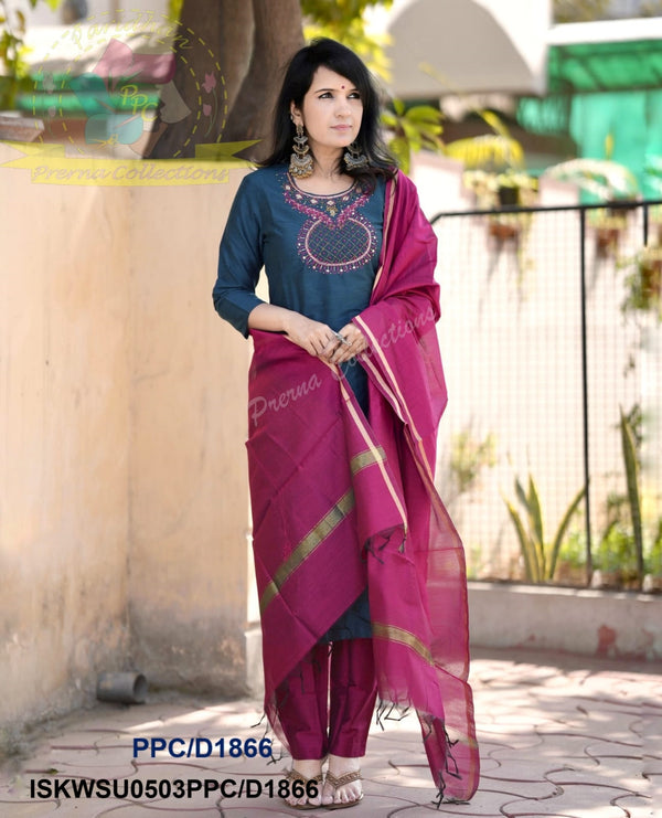 Embroidered Handloom Silk Kurti With Silk Pant And Handloom Dupatta-ISKWSU0503PPC/D1866