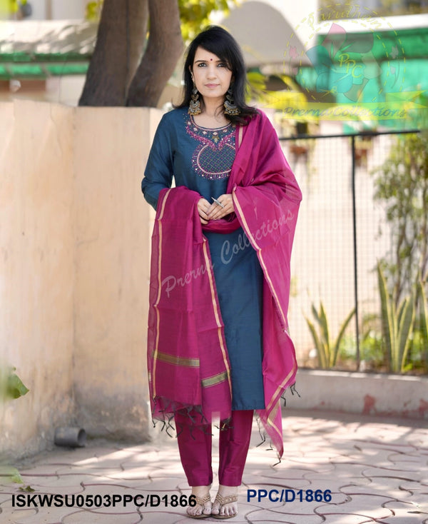 Embroidered Handloom Silk Kurti With Silk Pant And Handloom Dupatta-ISKWSU0503PPC/D1866