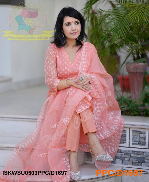 Hand Block Printed Kota Doriya Kurti With Cotton Pant And Dupatta-ISKWSU0503PPC/D1697
