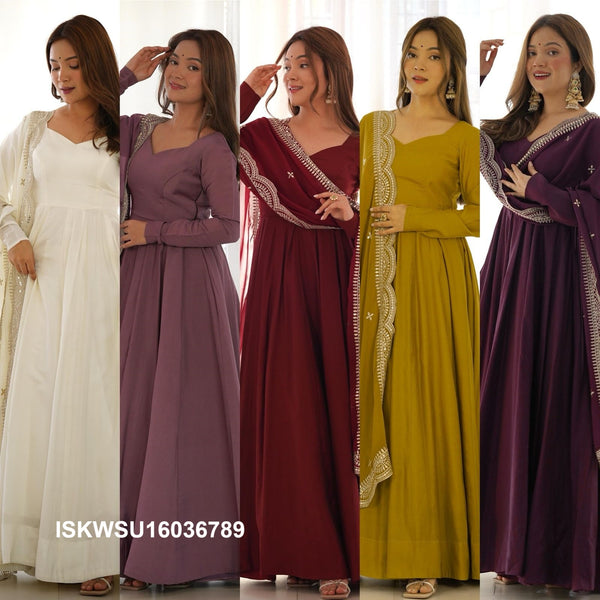 Chanderi Anarkali Kurti With Silk Pant And Embroidered Dupatta-ISKWSU16036789