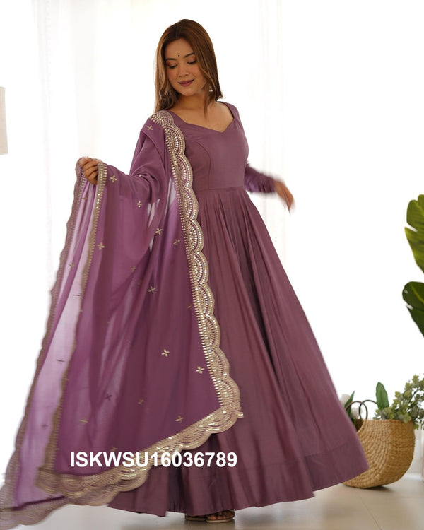 Chanderi Anarkali Kurti With Silk Pant And Embroidered Dupatta-ISKWSU16036789