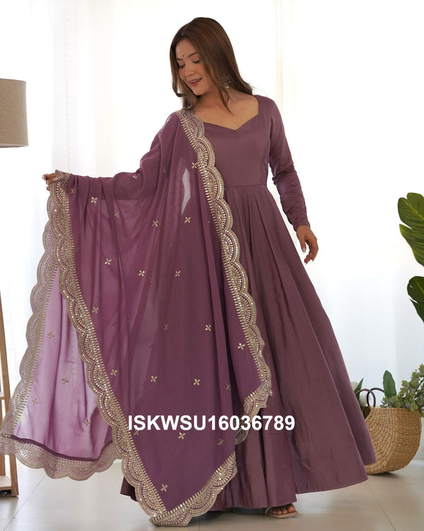 Chanderi Anarkali Kurti With Silk Pant And Embroidered Dupatta-ISKWSU16036789