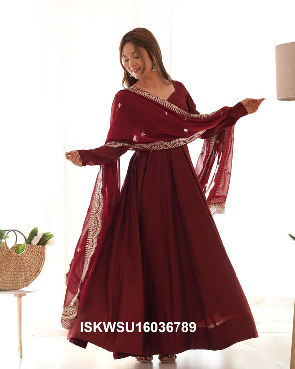 Chanderi Anarkali Kurti With Silk Pant And Embroidered Dupatta-ISKWSU16036789