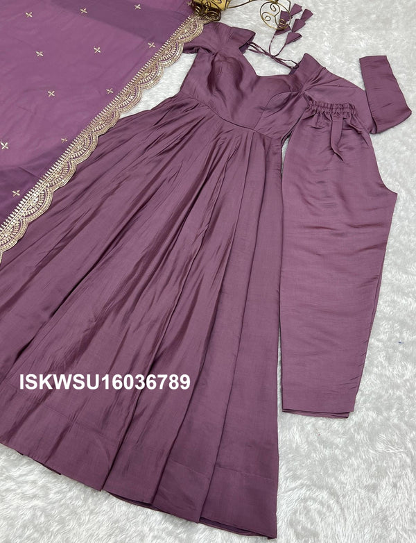 Chanderi Anarkali Kurti With Silk Pant And Embroidered Dupatta-ISKWSU16036789