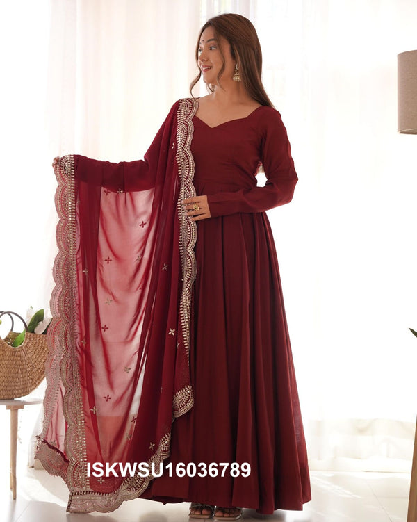 Chanderi Anarkali Kurti With Silk Pant And Embroidered Dupatta-ISKWSU16036789