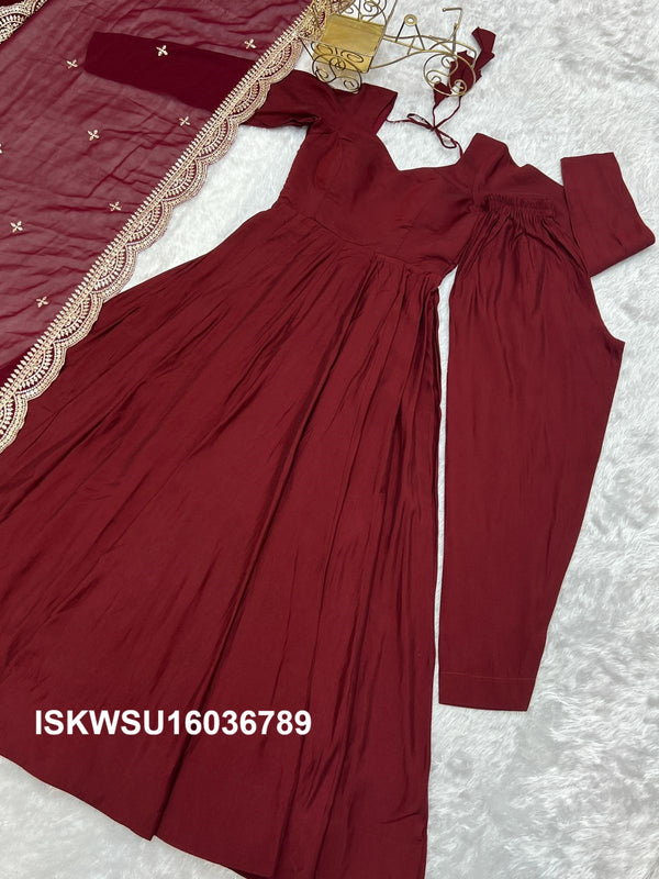 Chanderi Anarkali Kurti With Silk Pant And Embroidered Dupatta-ISKWSU16036789