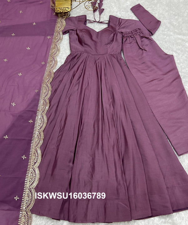 Chanderi Anarkali Kurti With Silk Pant And Embroidered Dupatta-ISKWSU16036789