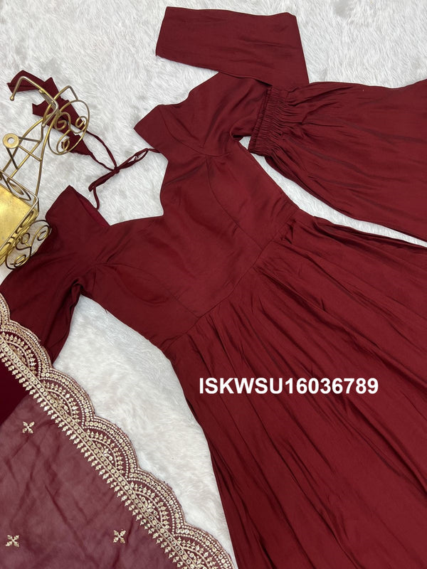 Chanderi Anarkali Kurti With Silk Pant And Embroidered Dupatta-ISKWSU16036789