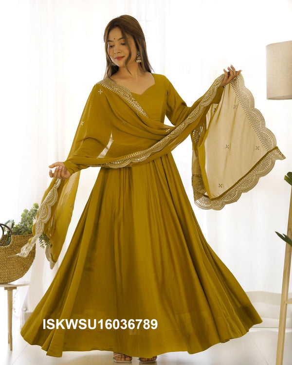Chanderi Anarkali Kurti With Silk Pant And Embroidered Dupatta-ISKWSU16036789