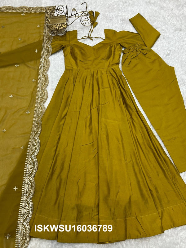 Chanderi Anarkali Kurti With Silk Pant And Embroidered Dupatta-ISKWSU16036789