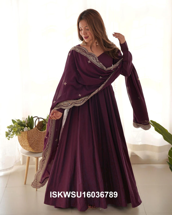 Chanderi Anarkali Kurti With Silk Pant And Embroidered Dupatta-ISKWSU16036789