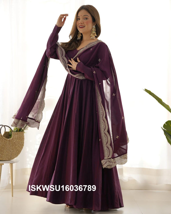 Chanderi Anarkali Kurti With Silk Pant And Embroidered Dupatta-ISKWSU16036789