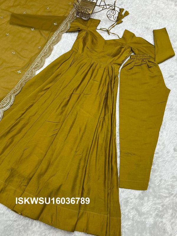Chanderi Anarkali Kurti With Silk Pant And Embroidered Dupatta-ISKWSU16036789