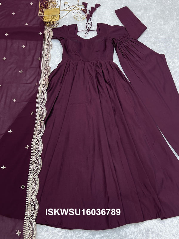 Chanderi Anarkali Kurti With Silk Pant And Embroidered Dupatta-ISKWSU16036789