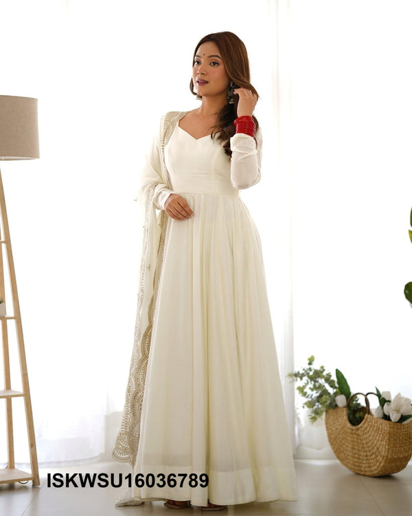 Chanderi Anarkali Kurti With Silk Pant And Embroidered Dupatta-ISKWSU16036789