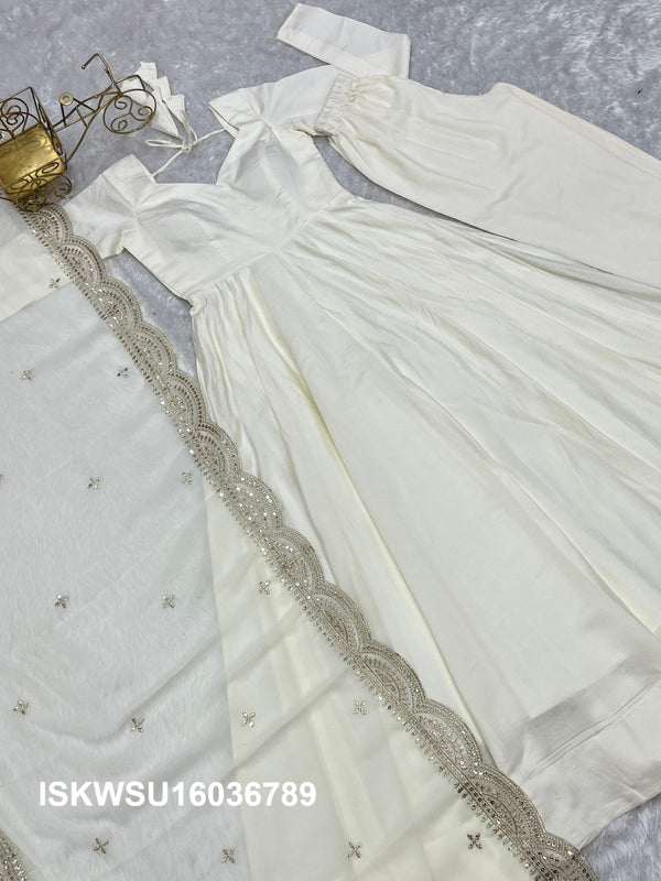 Chanderi Anarkali Kurti With Silk Pant And Embroidered Dupatta-ISKWSU16036789