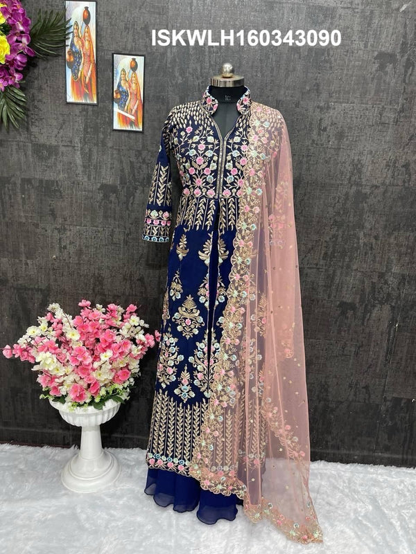 Embroidered Georgette Kurti With Lehenga And Net Dupatta-ISKWLH160343090