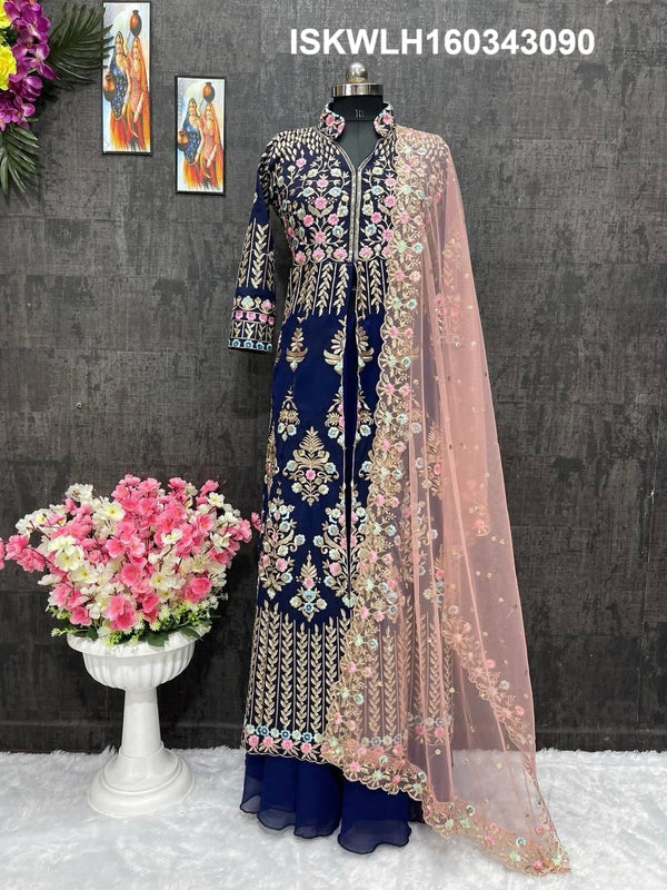 Embroidered Georgette Kurti With Lehenga And Net Dupatta-ISKWLH160343090