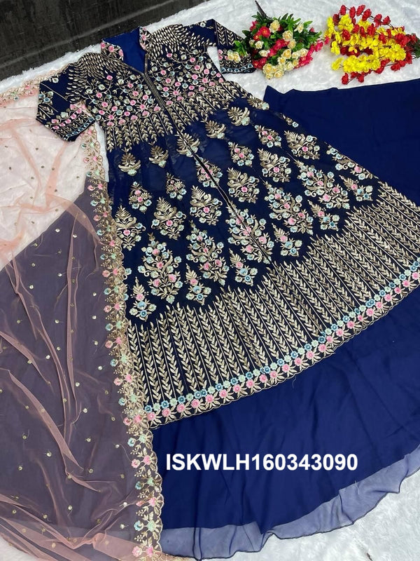 Embroidered Georgette Kurti With Lehenga And Net Dupatta-ISKWLH160343090