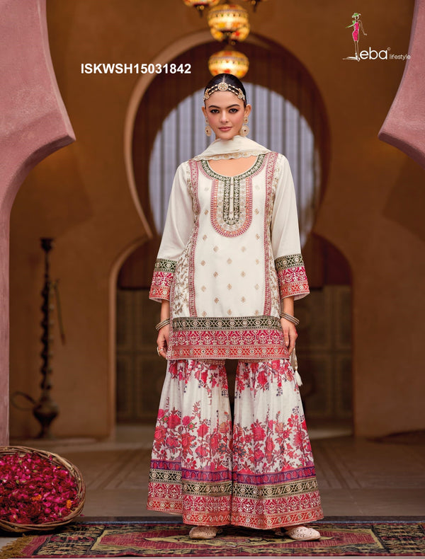 Embroidered Chinon Kurti With Digital Printed Sharara And  Dupatta-ISKWSH15031842/1841