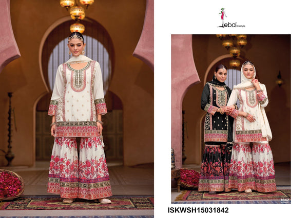 Embroidered Chinon Kurti With Digital Printed Sharara And  Dupatta-ISKWSH15031842/1841