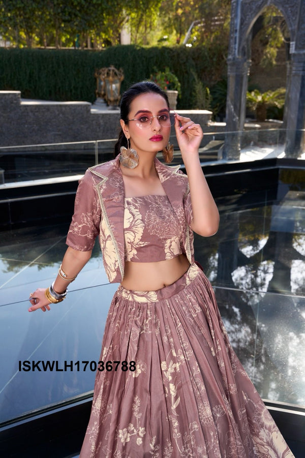 Floral Printed Tussar Silk Lehenga With Blouse And Koti-ISKWLH17036788