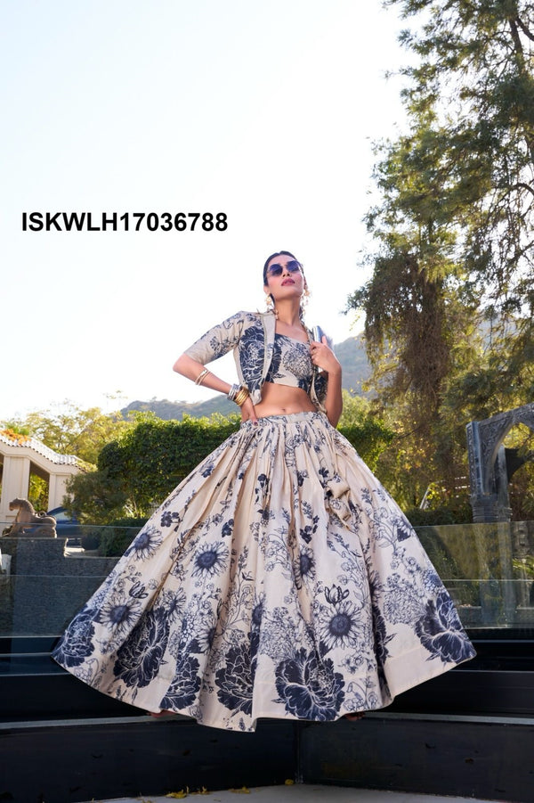 Floral Printed Tussar Silk Lehenga With Blouse And Koti-ISKWLH17036788