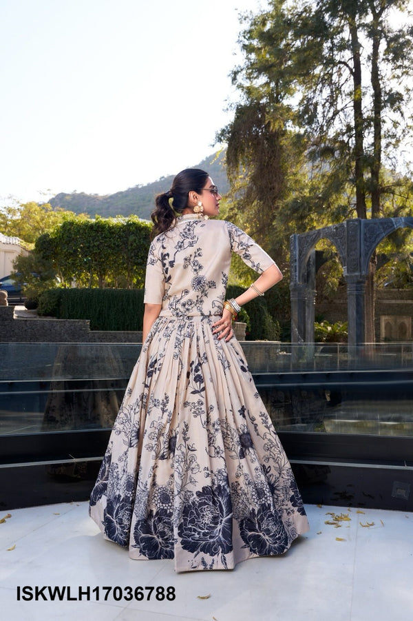 Floral Printed Tussar Silk Lehenga With Blouse And Koti-ISKWLH17036788