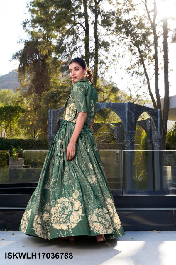 Floral Printed Tussar Silk Lehenga With Blouse And Koti-ISKWLH17036788
