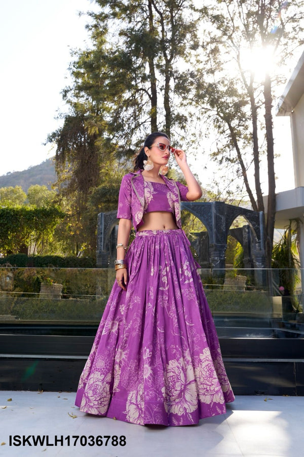 Floral Printed Tussar Silk Lehenga With Blouse And Koti-ISKWLH17036788