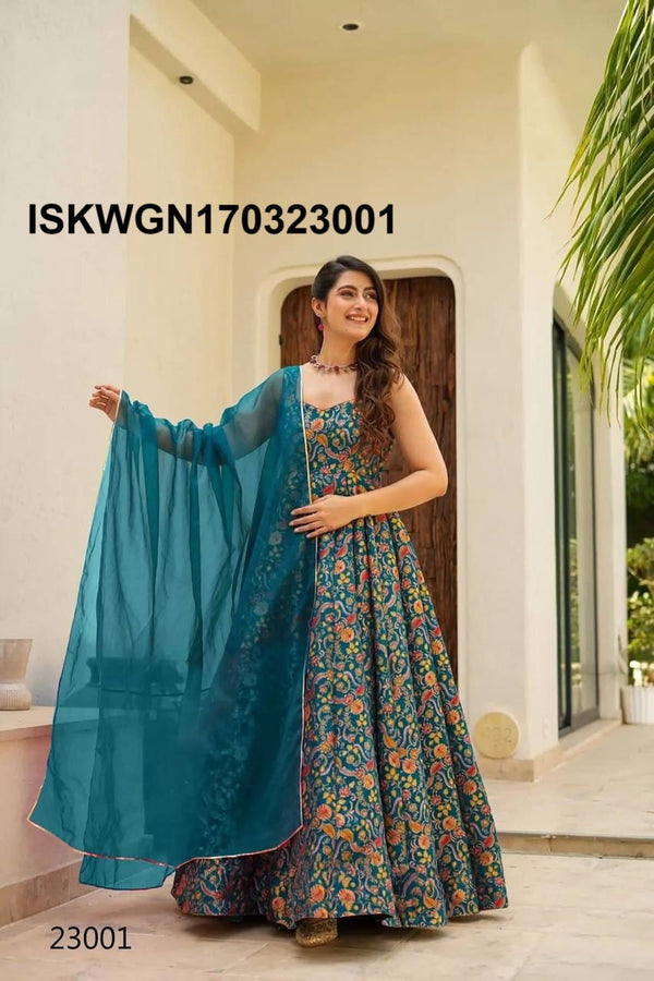 Digital Printed Silk Gown With Organza Silk Dupatta-ISKWGN170323001