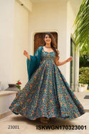 Digital Printed Silk Gown With Organza Silk Dupatta-ISKWGN170323001