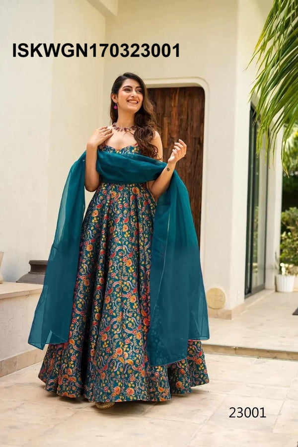 Digital Printed Silk Gown With Organza Silk Dupatta-ISKWGN170323001
