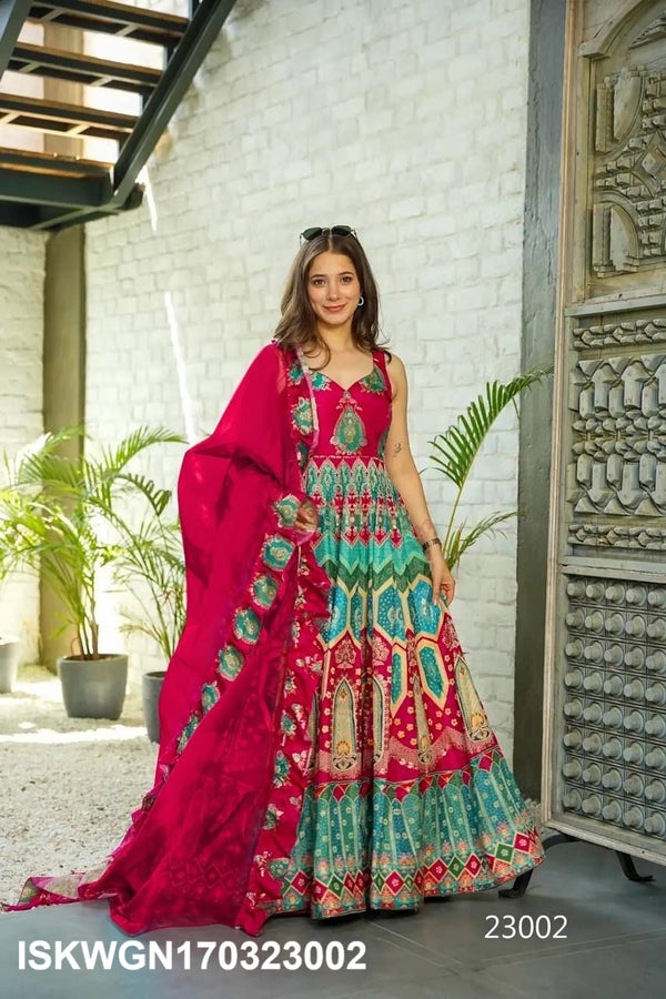 Digital Printed Silk Gown With Organza Silk Dupatta-ISKWGN170323002