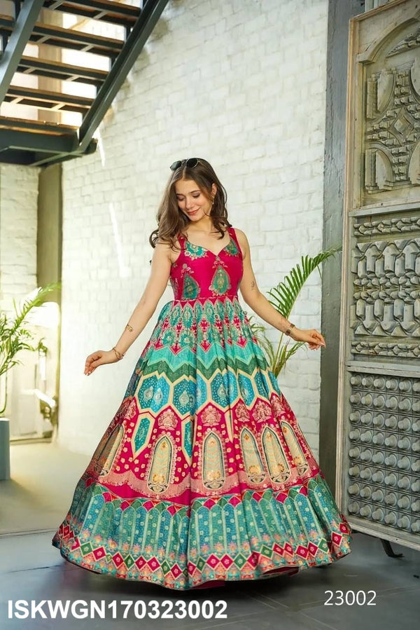 Digital Printed Silk Gown With Organza Silk Dupatta-ISKWGN170323002