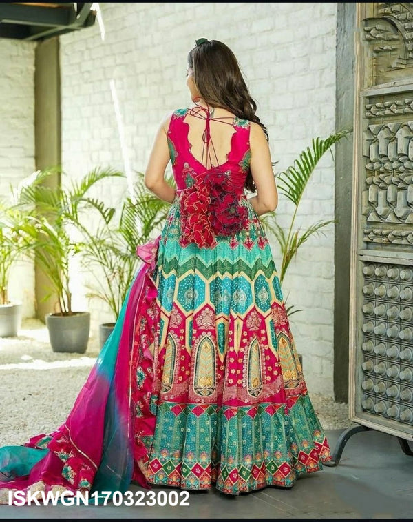 Digital Printed Silk Gown With Organza Silk Dupatta-ISKWGN170323002