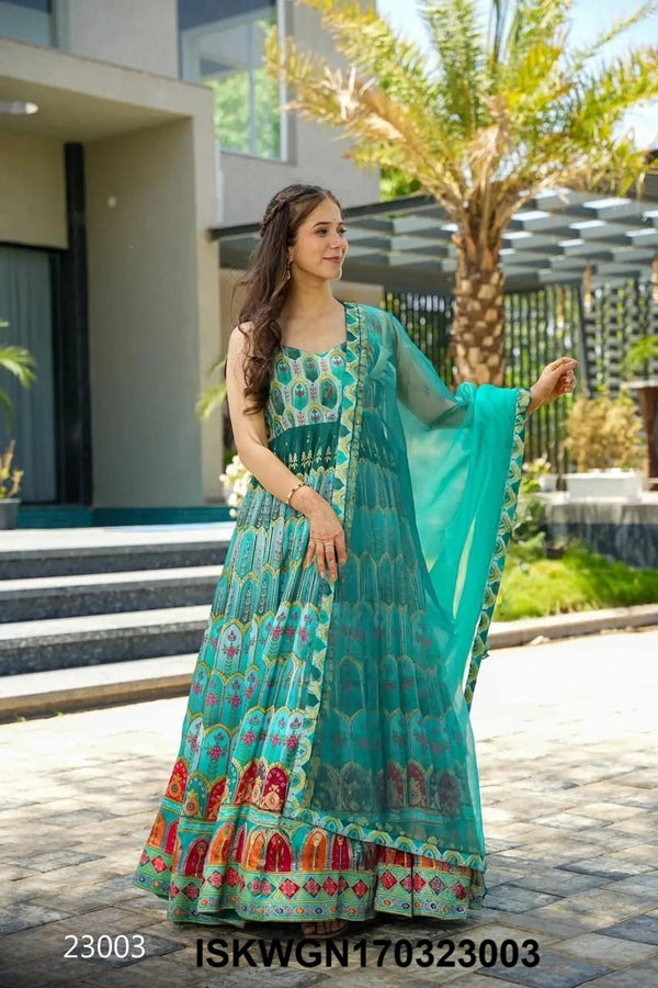 Digital Printed Silk Gown With Organza Silk Dupatta-ISKWGN170323003