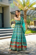 Digital Printed Silk Gown With Organza Silk Dupatta-ISKWGN170323003