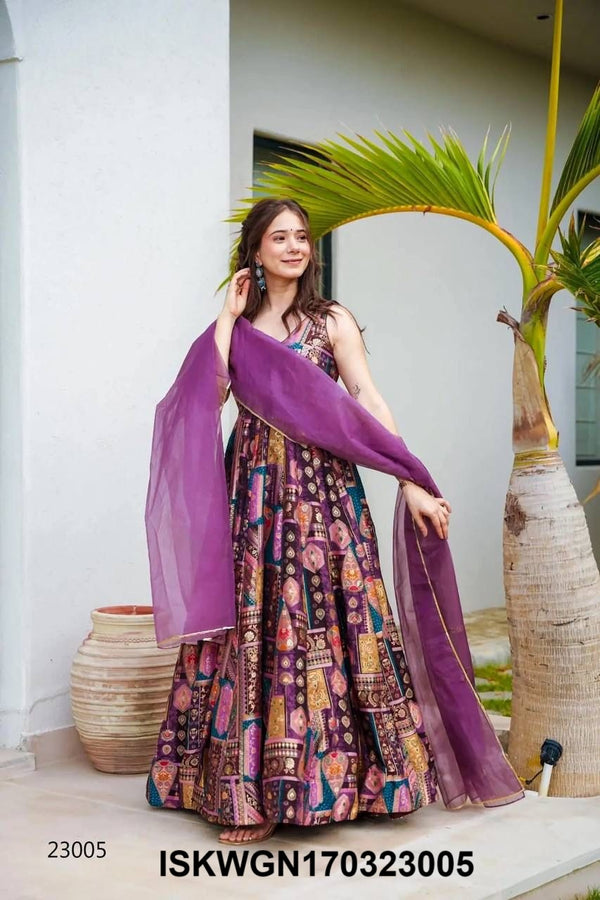 Digital Printed Silk Gown With Organza Silk Dupatta-ISKWGN170323005